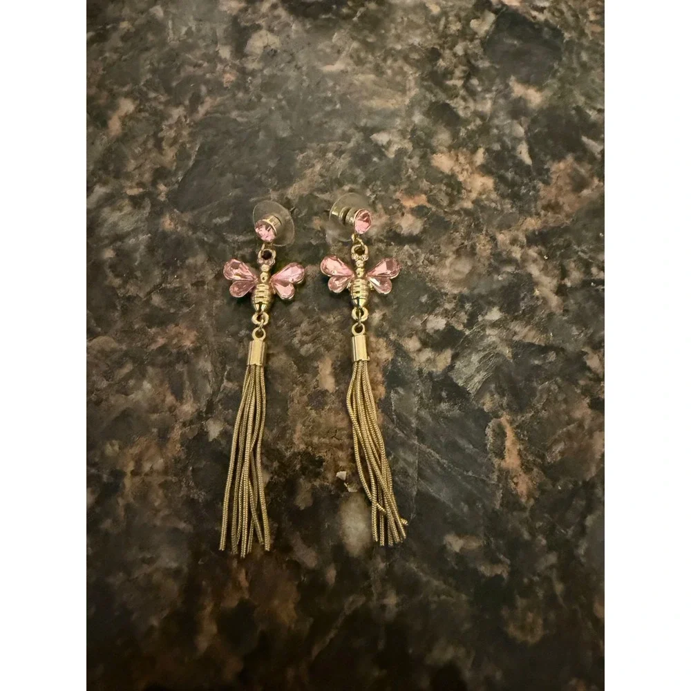 Gold‎ Tone Pink Rhinestone Butterfly Tassel Drop Earrings Whimsical Statement